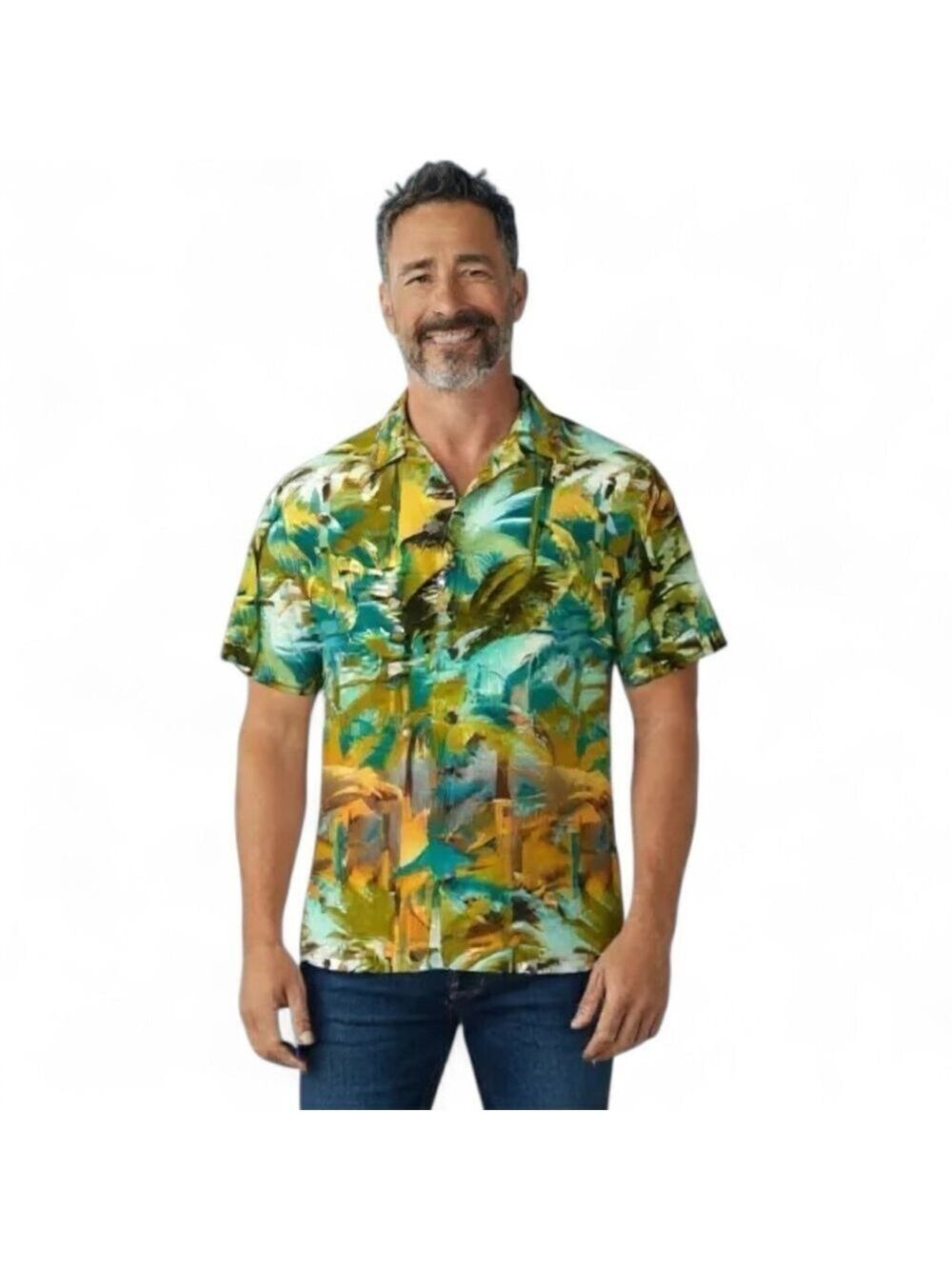 Paradise Island Men's Hawaiian Shirt Small Cotton Multi-Color Palm Trees